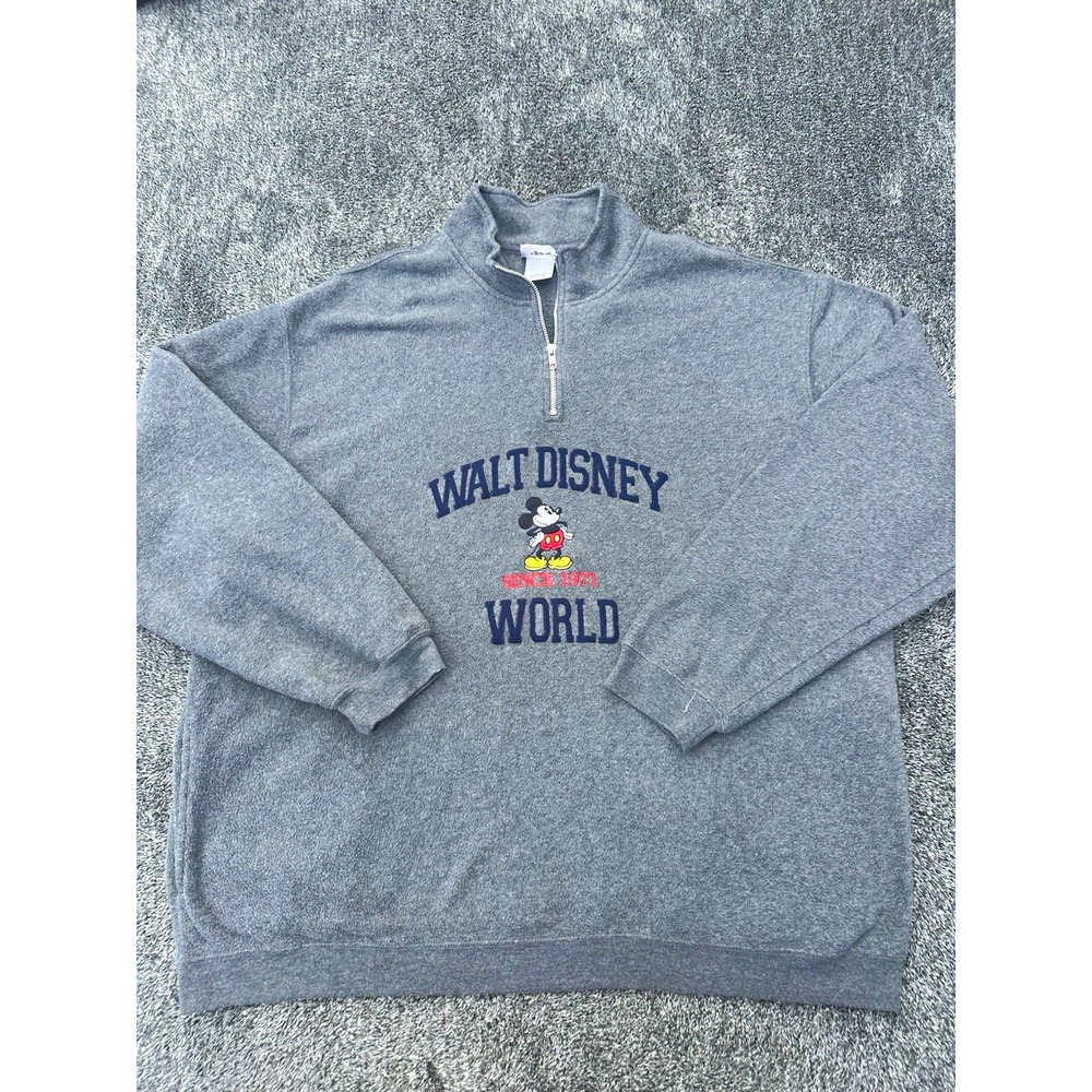 Vintage Walt Disney World Mickey Mouse Quarter Zip Sweatshirt Oversized Gray